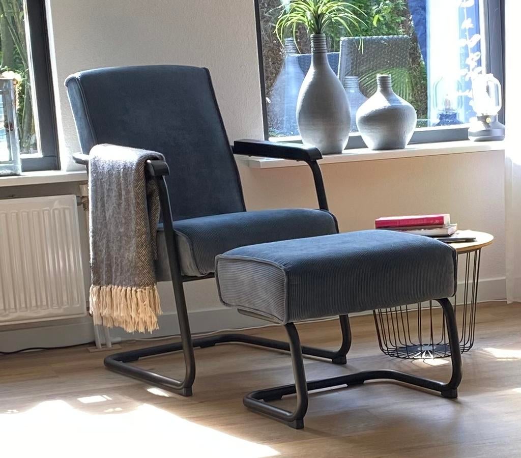 Comfortabele stoel met voetenbankje - blauw/groen ribstof, Ophalen, Gebruikt, Rechthoekig, Stof