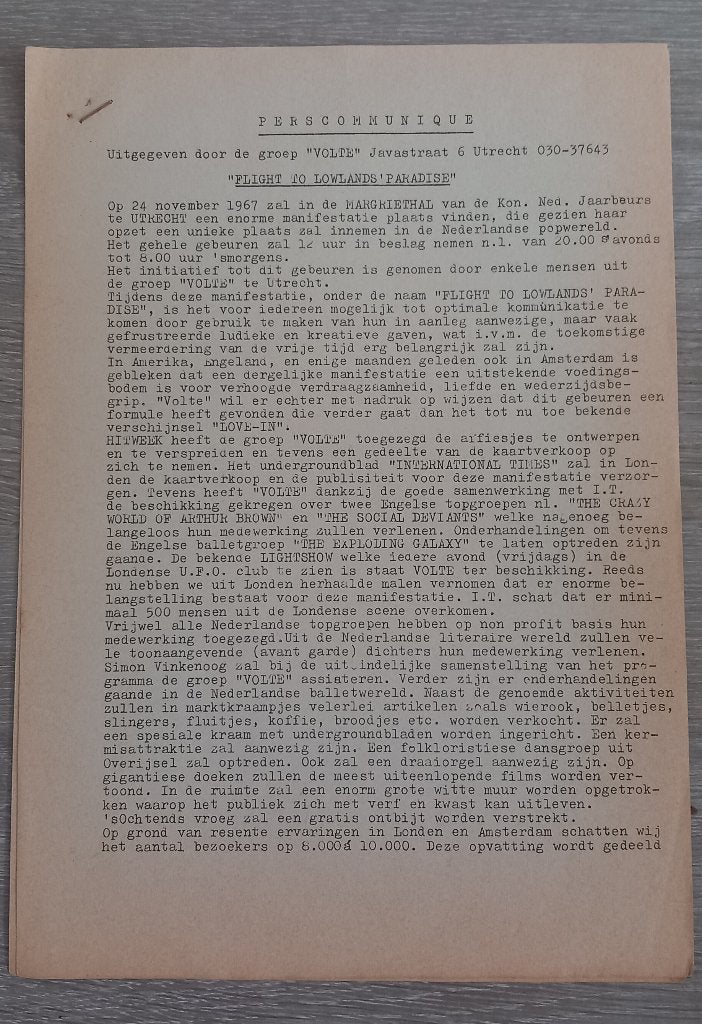 Orig. persbericht Flight to Lowlands Paradise 1967 signed, Ophalen of Verzenden, Zo goed als nieuw, Overige typen, Gesigneerd
