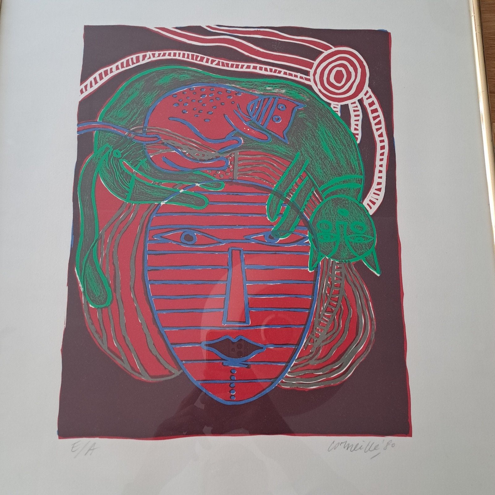 Corneille kunstwerk  Le visage aux chats E/A 1980, Antiek en Kunst, Gesigneerd, Ophalen