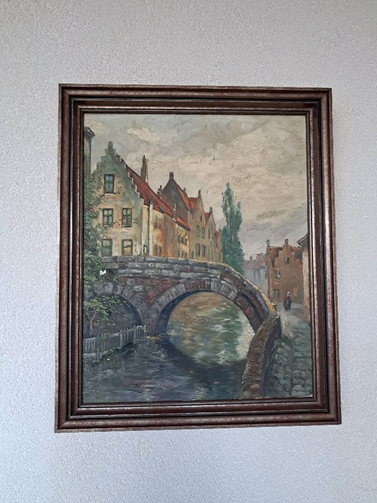 Schilderij van Brugge, Antiek en Kunst, Ophalen, Impressionistisch, Olieverf, Ingelijst