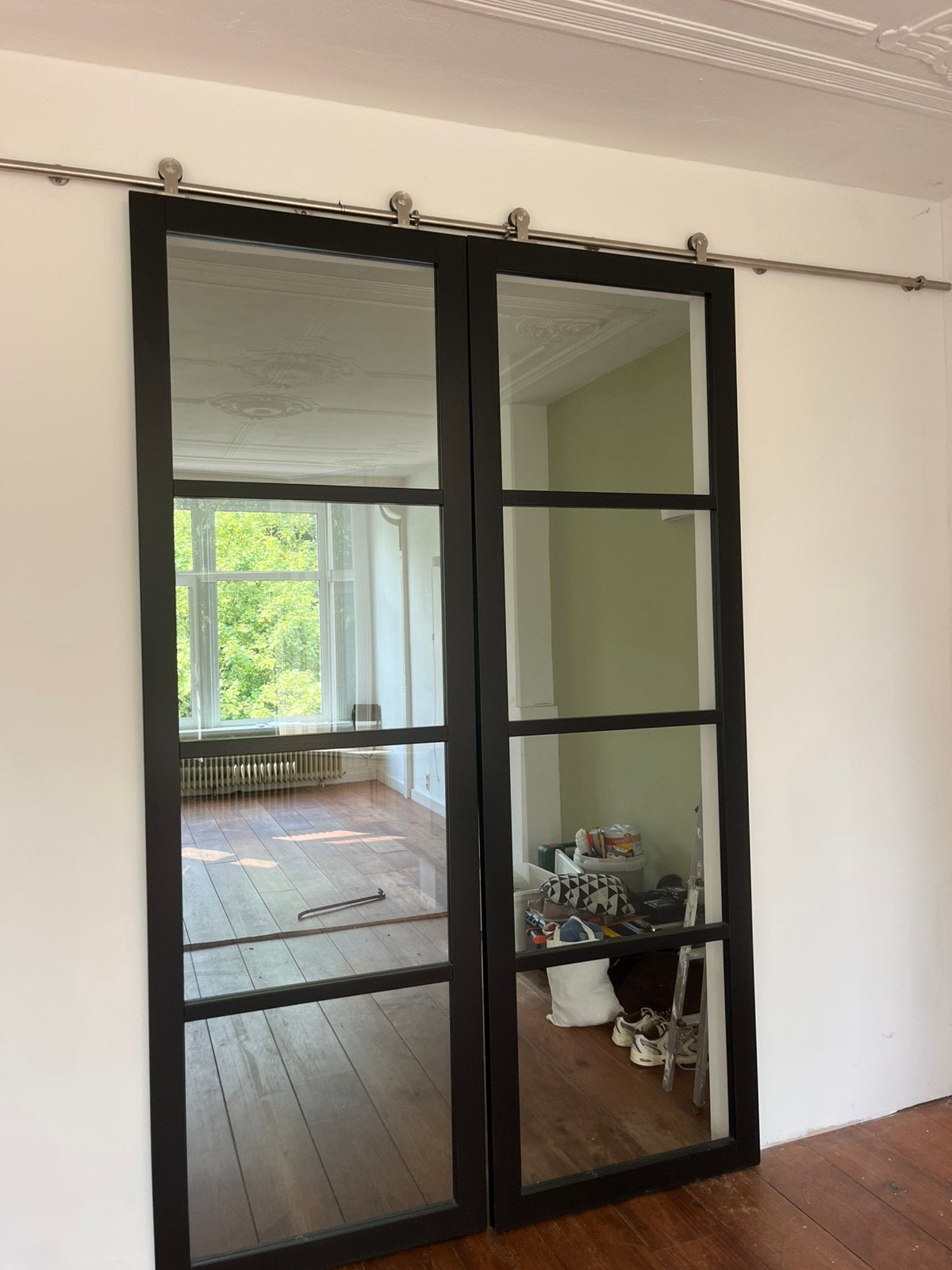 Zwarte houten schuifdeuren glas, Ophalen, Gebruikt, Binnendeur, Schuifdeur