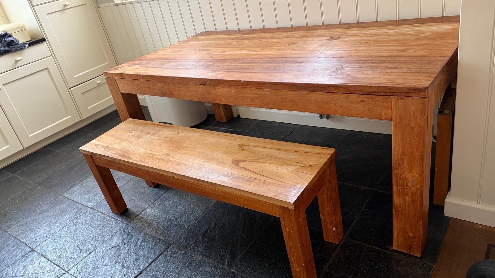 Robuust, massief houten teak eettafel met bank 200x100, Huis en Inrichting, Ophalen, Gebruikt, 100 tot 150 cm, 50 tot 100 cm