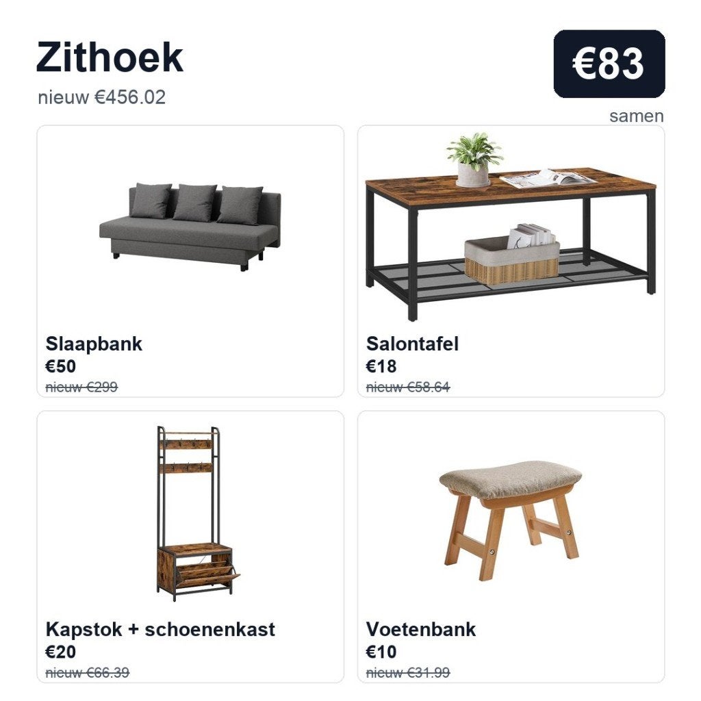 Zithoek: slaapbank, tafel, kapstok | nieuw €456,02, nu €83, Ophalen, Zo goed als nieuw, Hout