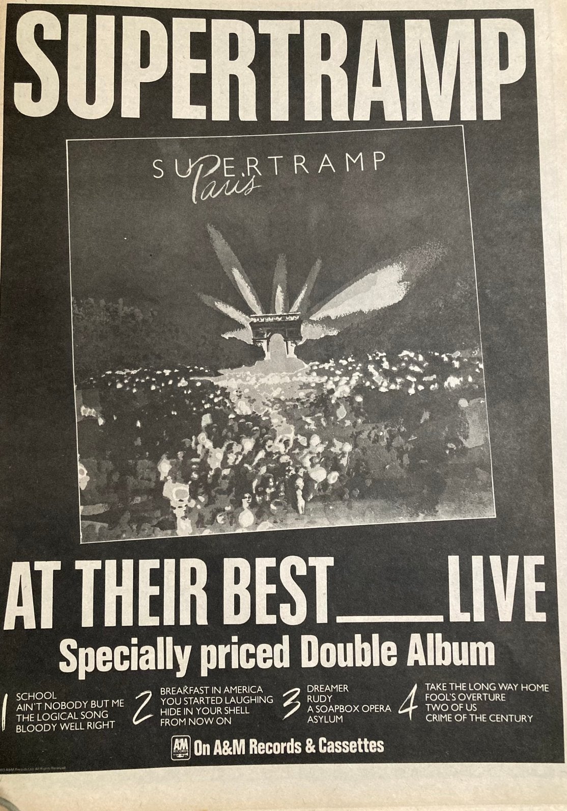 Paginagrote A3 advertentie SUPERTRAMP Paris release, Ophalen of Verzenden, Zo goed als nieuw, A1 t/m A3
