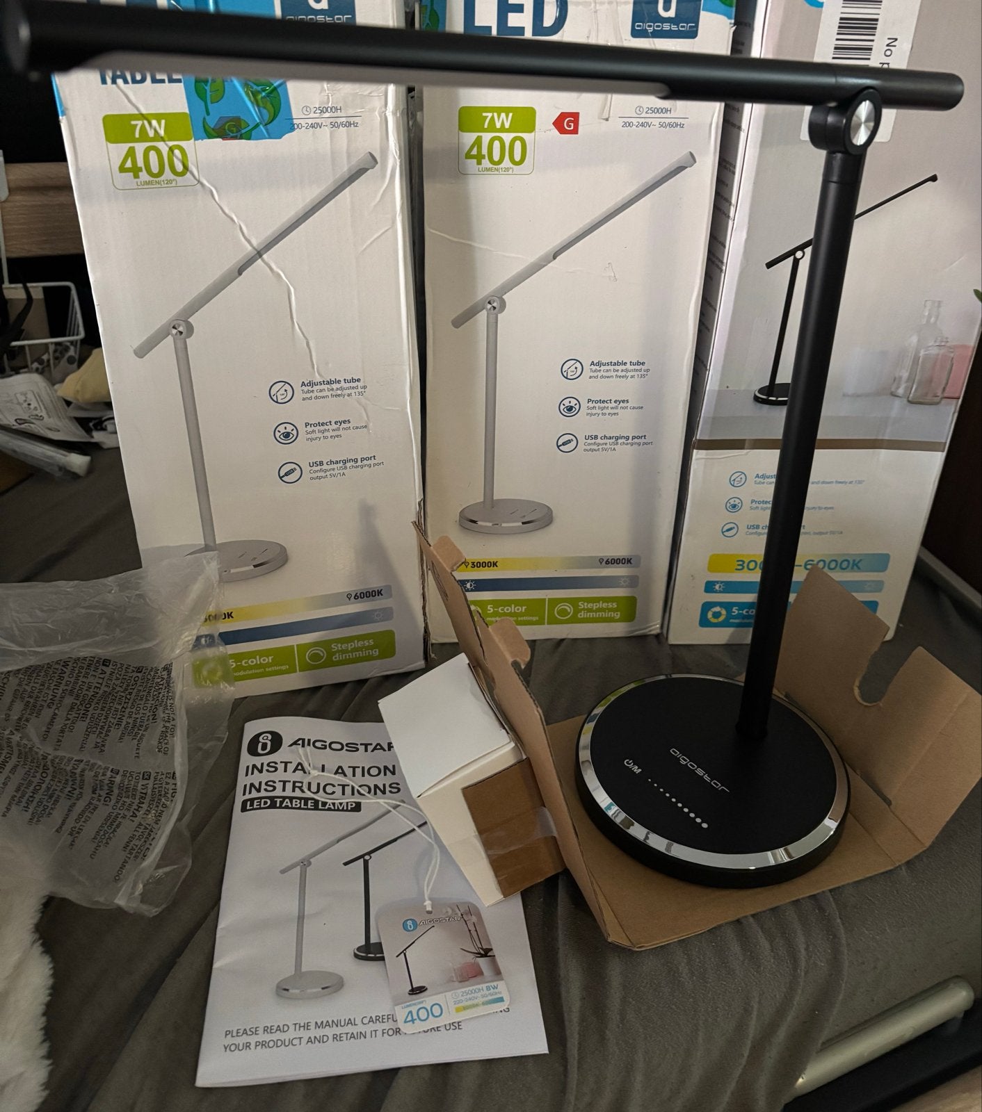 Aigostar LED Tafellamp - 7W, 400 Lumen, Dimbaar, USB-poort, Overige merken, Zwart, Nieuw, Ophalen of Verzenden
