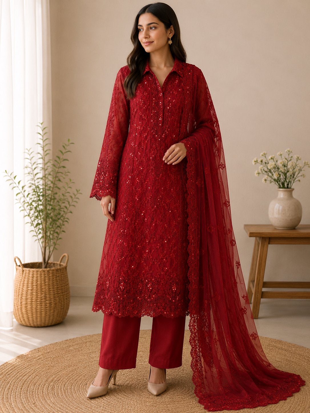 Prachtige rode Indiase kurta met pailletten en broek, Maat 38/40 (M), Nieuw, Ophalen of Verzenden, Rood