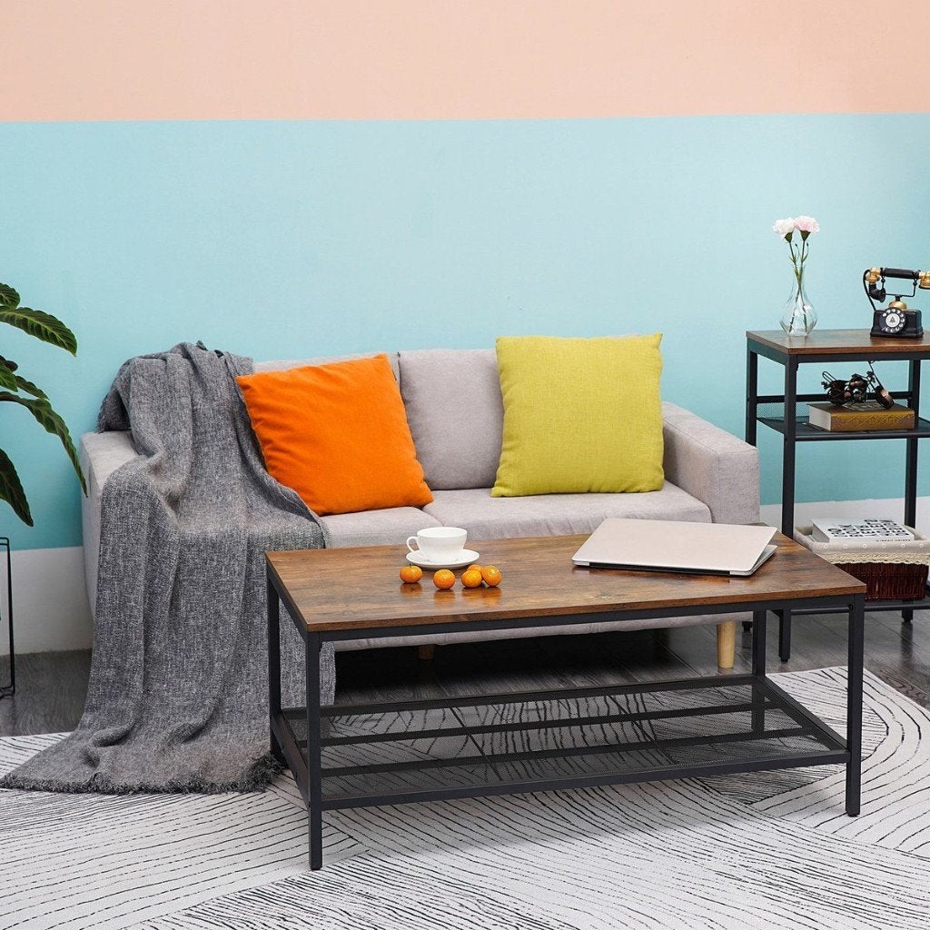 Salontafel-Bijzettafel met roosterplank-105x60x45 cm-Bruin, Huis en Inrichting, 50 tot 100 cm, Zo goed als nieuw, 75 – 100, Eikenhout