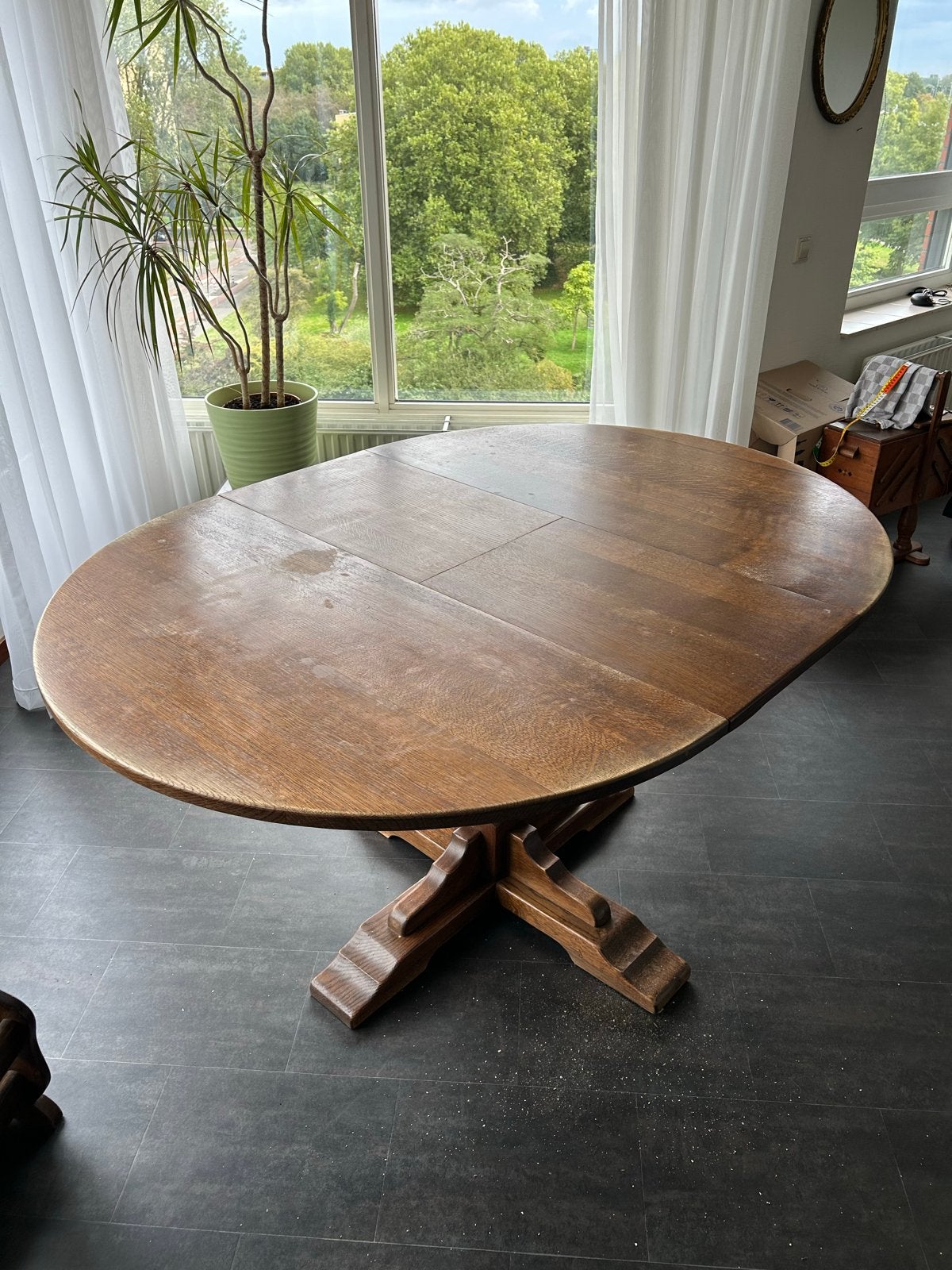 Houten uitschuifbare ronde tafel 1.10m / 1.43m, Huis en Inrichting, Tafels | Eettafels, Ophalen, Gebruikt, 100 tot 150 cm, Rond