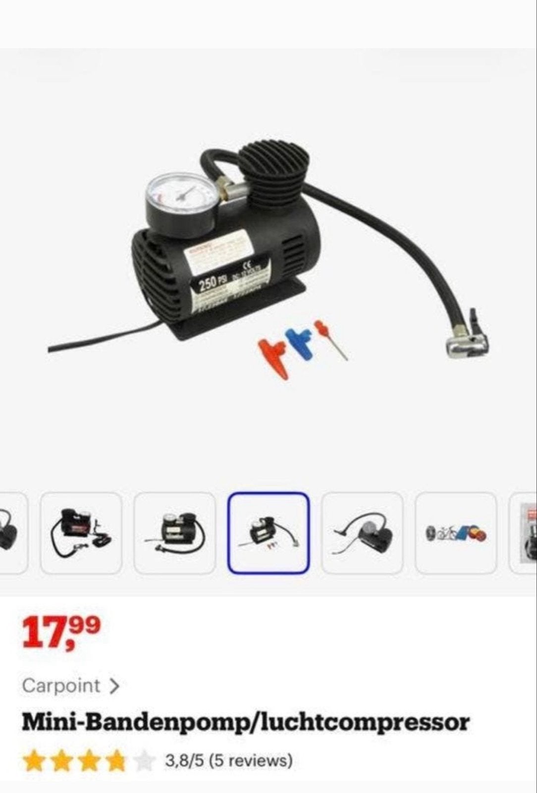 Carpoint Mini-Bandenpomp/Luchtcompressor 250 PSI, Ophalen of Verzenden, Nieuw