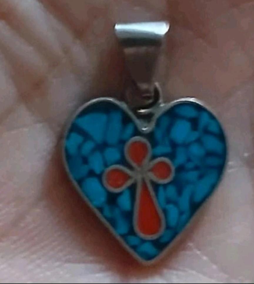 Vintage hanger hart/kruis inleg van Turquoise en Koraal, Ophalen of Verzenden, Zilver