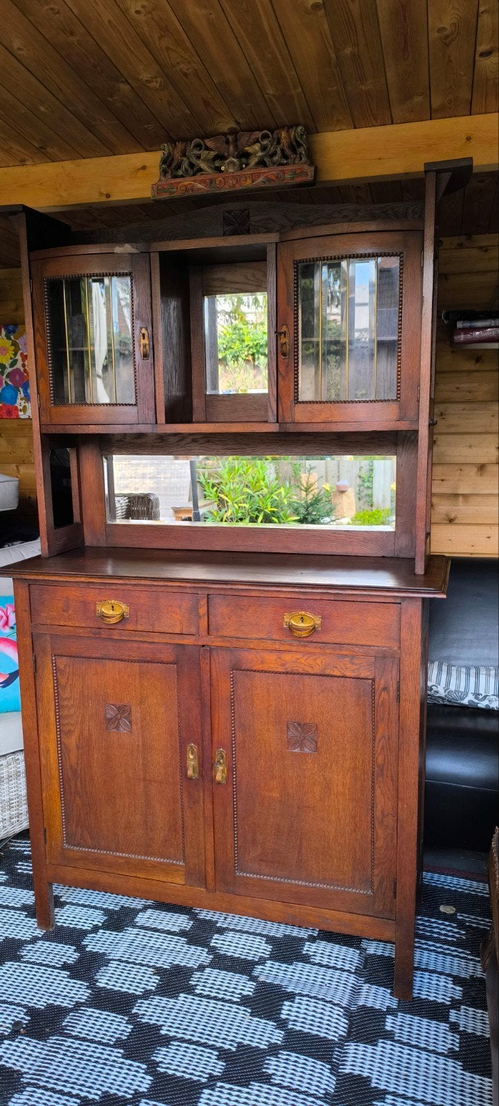 Antiek Eiken Dressoir met Vitrinekast en Spiegels, Ophalen