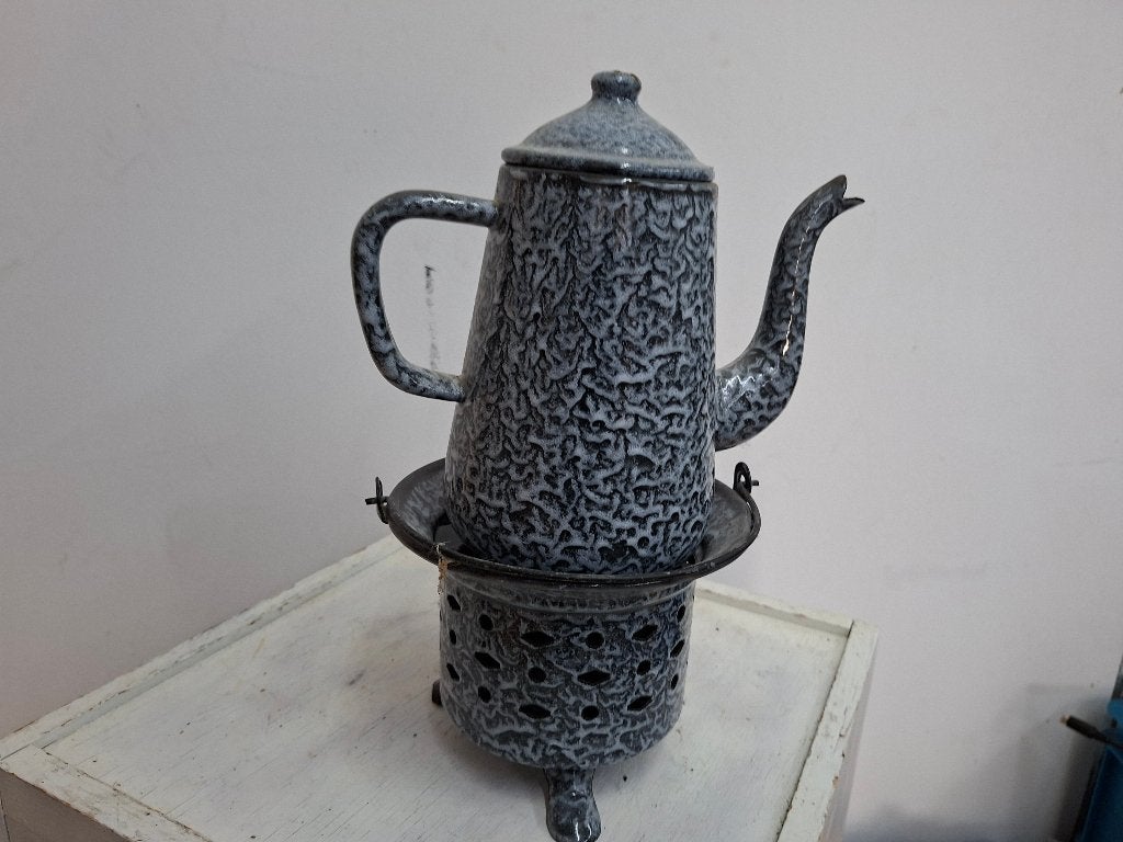 antiek grijs gemeleerde theepot /koffiepot met warmhouder, Ophalen of Verzenden