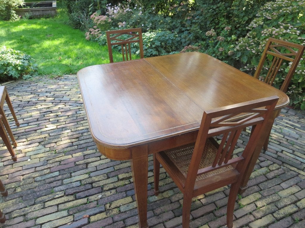Kersenhouten tafel, 104x112, uitschuifb. tot 210 met 6 stoel, Ophalen, Gebruikt, Klassiek, Kersenhout