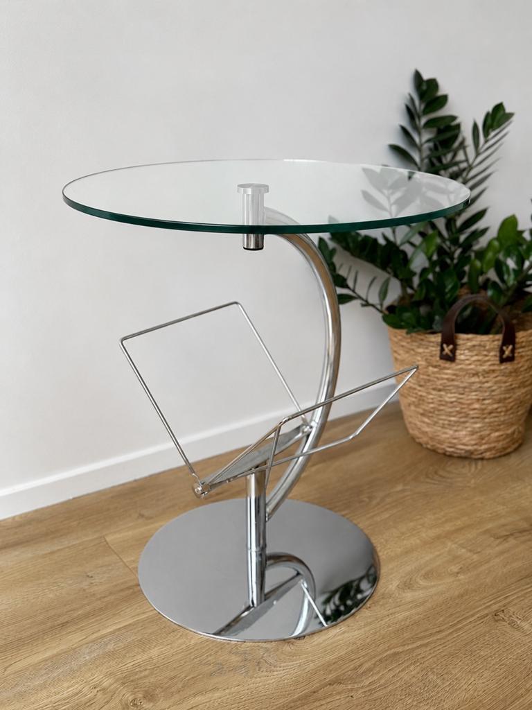 Vintage glazen bijzettafel tijdschriftenhouder design Ø50 cm, Huis en Inrichting, Tafels | Bijzettafels, Minder dan 55 cm, Gebruikt