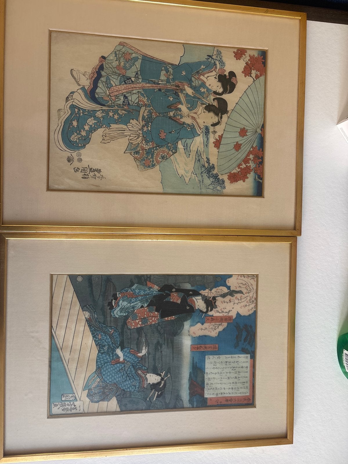 Twee Japanse ukiyo e/Houtsneden: Geisha's en Landschappen, Antiek en Kunst, Ophalen, Schilderij, Papier/karton, Japan