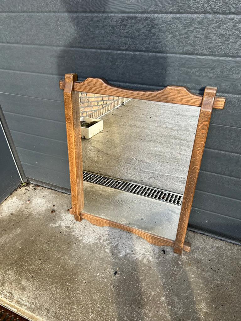 Vintage houten spiegel met eiken lijst, Ophalen of Verzenden, Rechthoekig, 50 tot 100 cm, Minder dan 100 cm