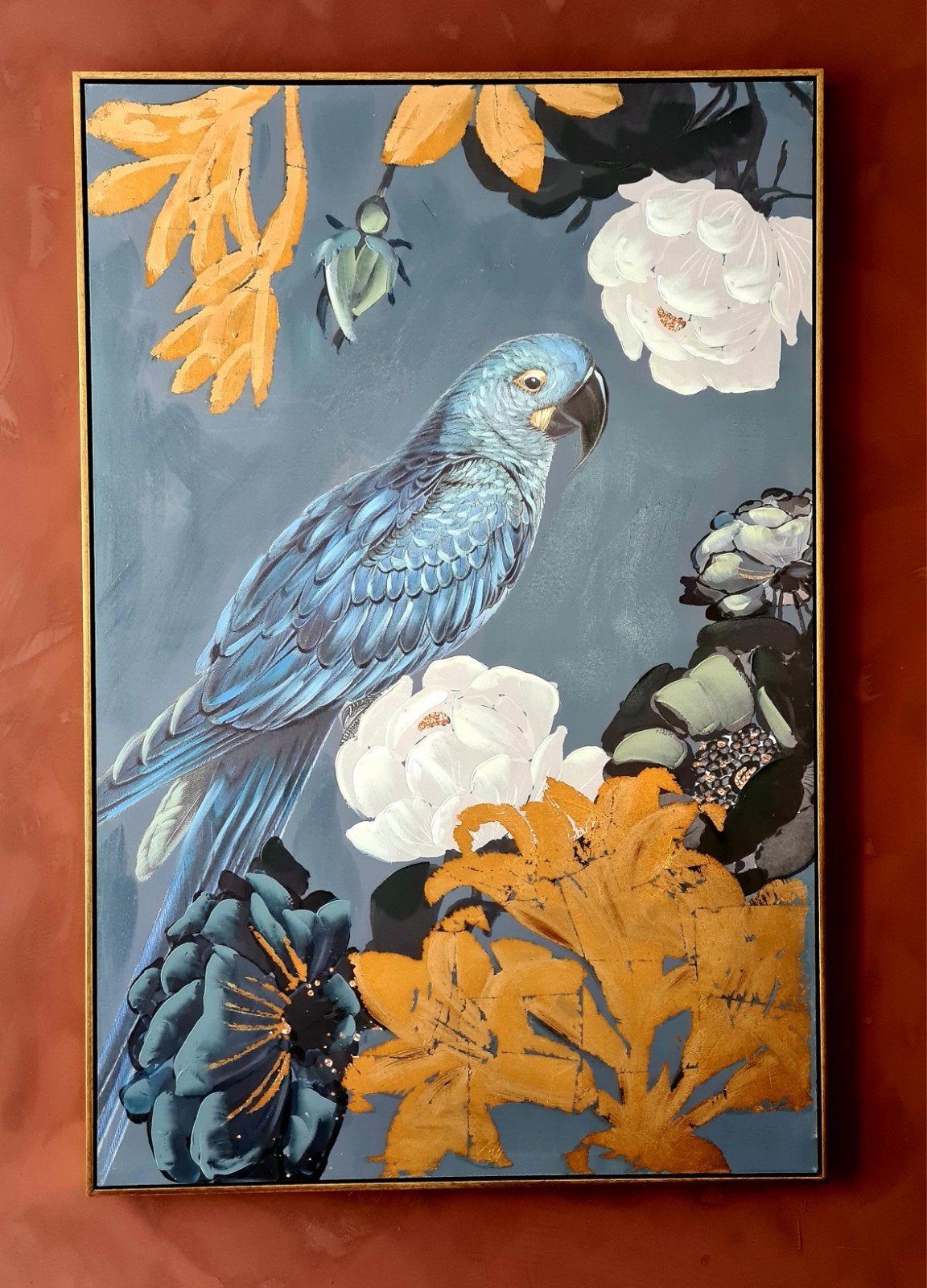 PTMD Schilderij Blauwe Ara met Gouden Details (80x120 cm), Ophalen, Zo goed als nieuw, 75 tot 100 cm, Schilderij
