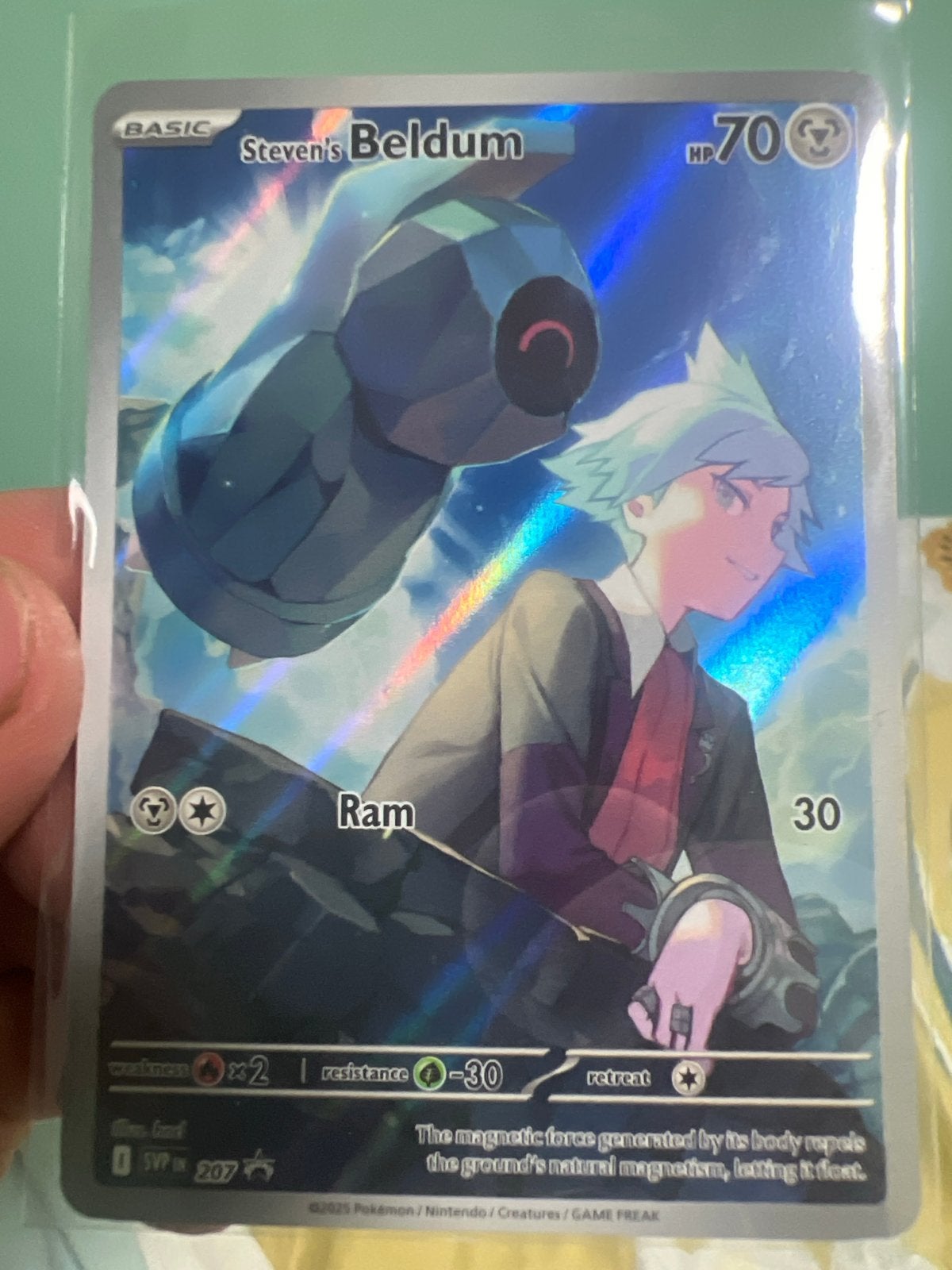 Steven's Beldum Pokémon Kaart - Full Art Foil, Ophalen of Verzenden, Zo goed als nieuw, Losse kaart, Foil