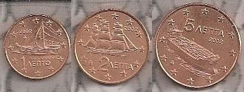 1 + 2 + 5 Eurocent Griekenland 2002 met letter F - UNC, Verzenden, Griekenland, Overige waardes, Setje