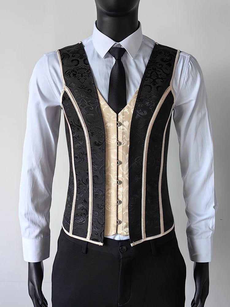 Heren zwart beige middeleeuws korset steampunk gothic, Verzenden, Nieuw, Overige maten, Kleding
