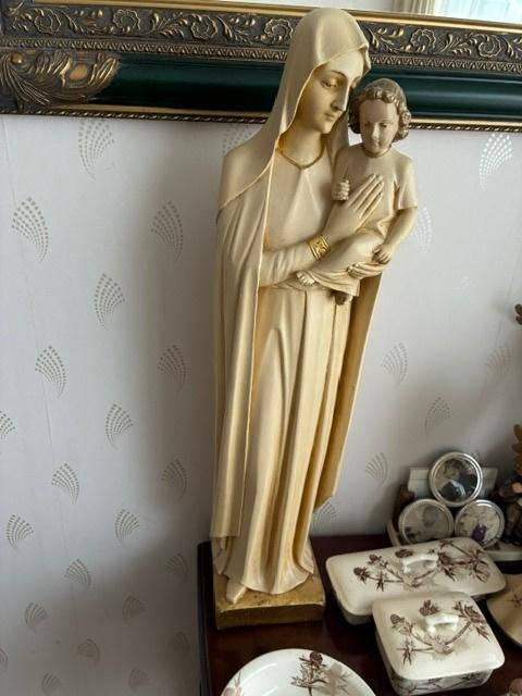 antiek groot beeld 62 cm maria met kind art deco gemerkt, Ophalen of Verzenden