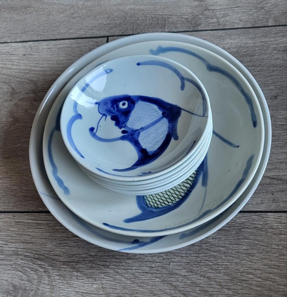 Vintage Chinees porseleinen visservies - 9-delig, Ophalen of Verzenden