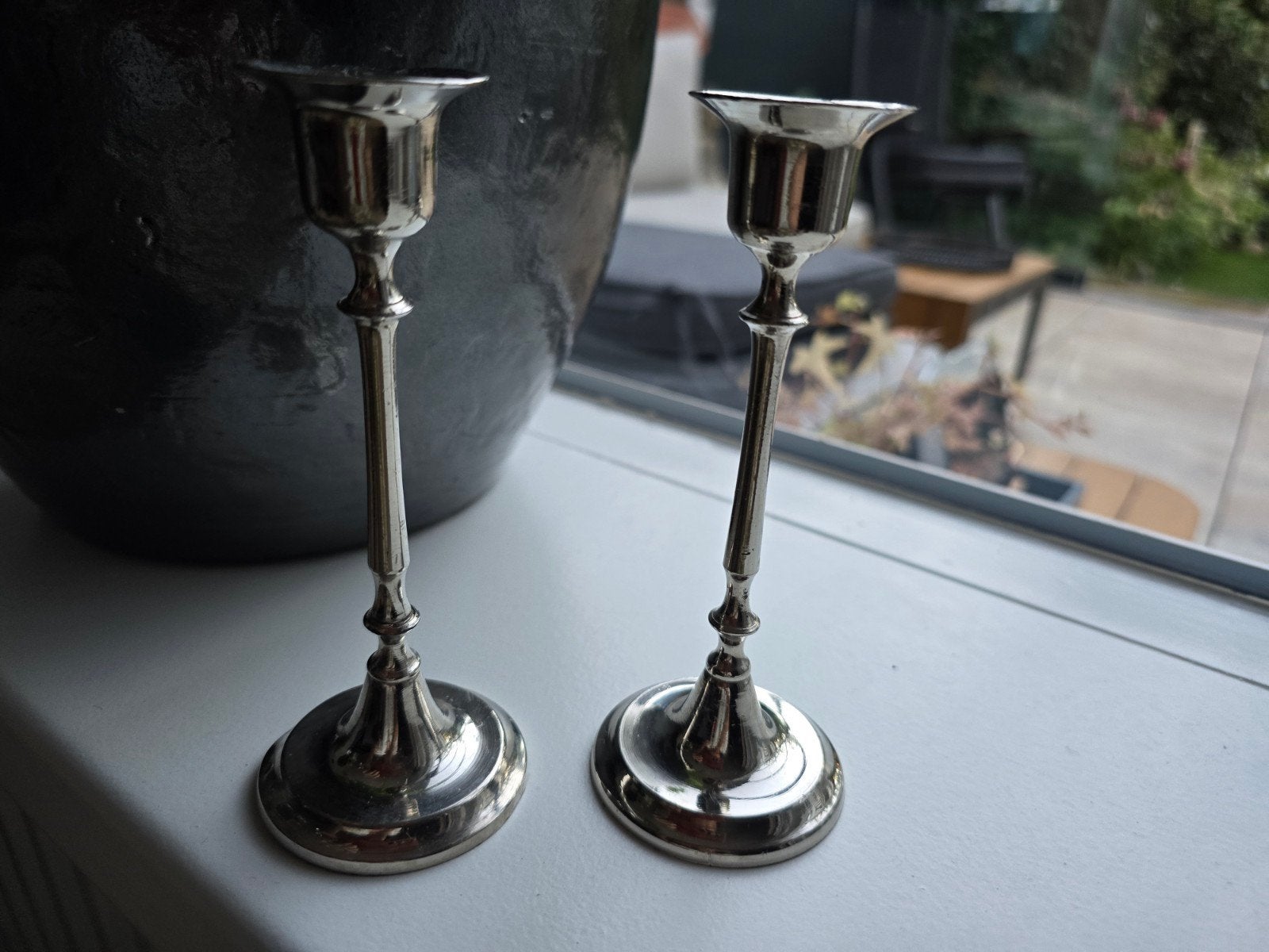 Prachtig stel vintage verzilverde kandelaars (14 cm), Antiek en Kunst, Antiek | Kandelaars, Ophalen of Verzenden