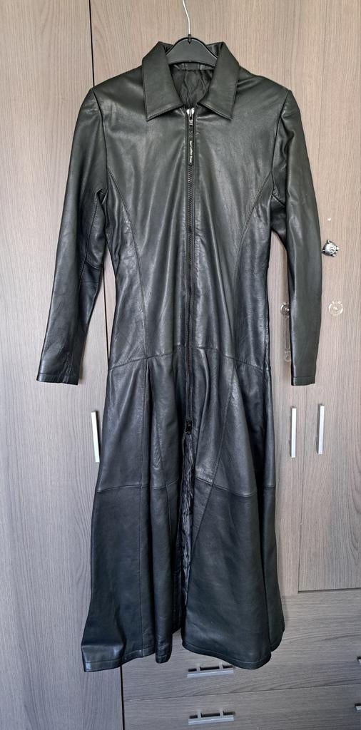 Lange, echt lederen jas met corsetsluiting achter, Ophalen of Verzenden, Zo goed als nieuw, Zwart