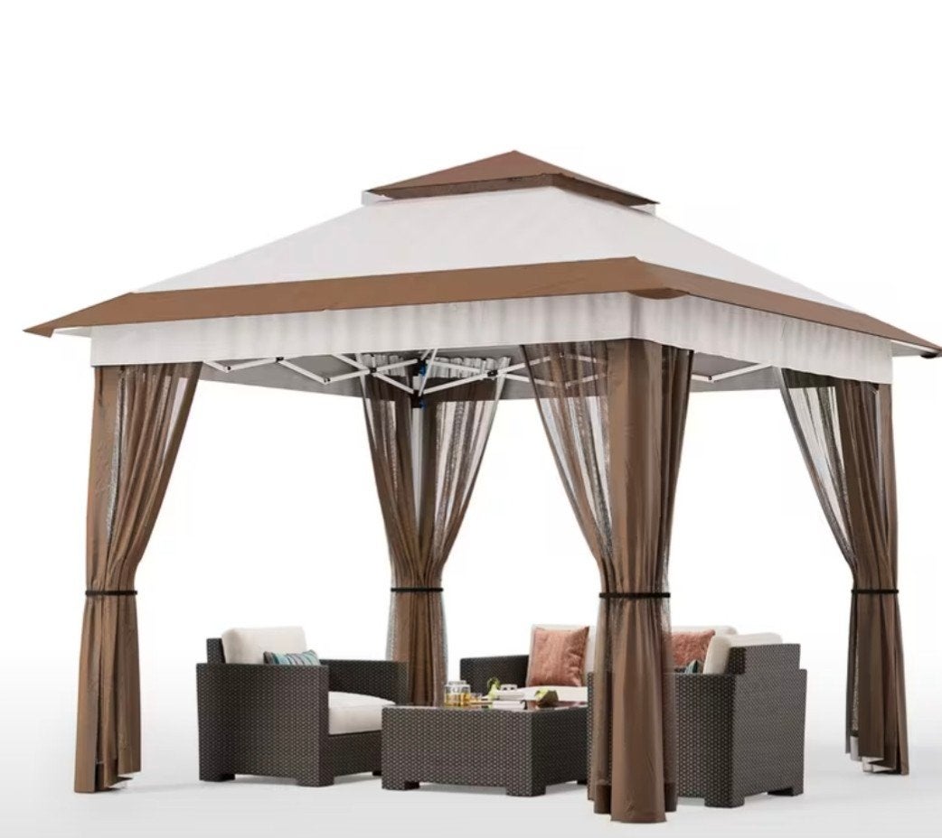 Partytent / Paviljoen 3,35x3,35m - Bruin-wit/Wit - Inklapbaa, Ophalen, Opvouwbaar, Partytent, Minder dan 4 meter