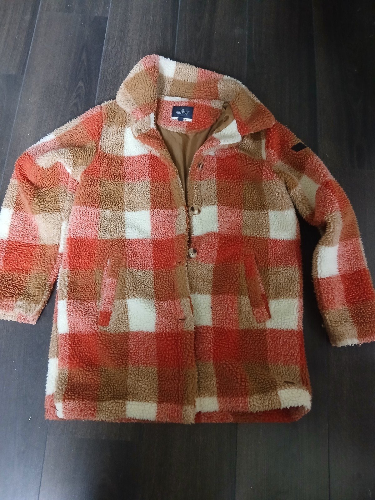 Oranje-bruin-wit Wollen geruite jas van Retour Denim de Luxe, Retour Denim de Luxe, Meisje, Ophalen of Verzenden, Zo goed als nieuw