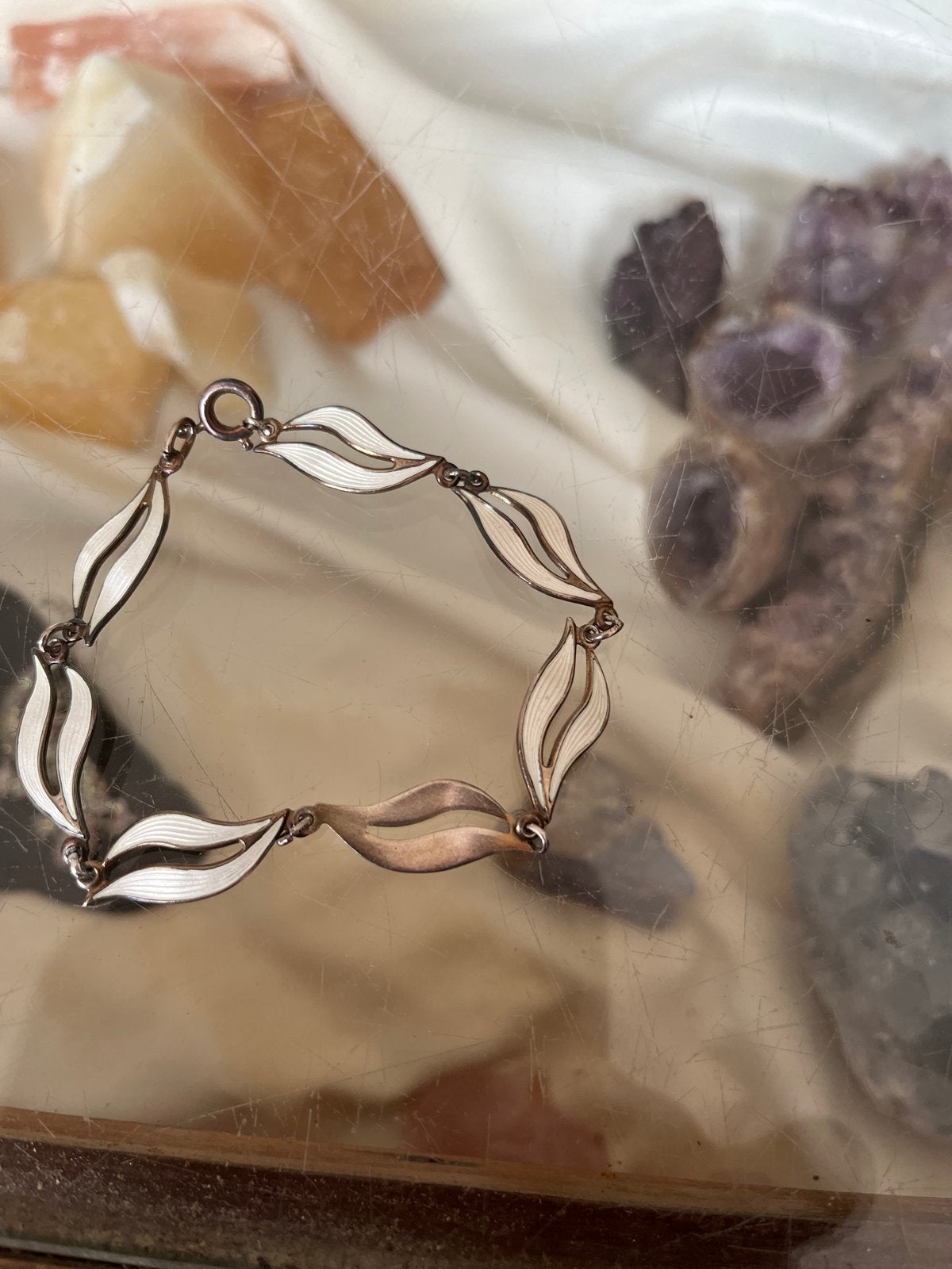 Vintage Zilveren Armband met Bladmotief en Emaille, Sieraden, Tassen en Uiterlijk, Ophalen of Verzenden, Zo goed als nieuw, Zilver