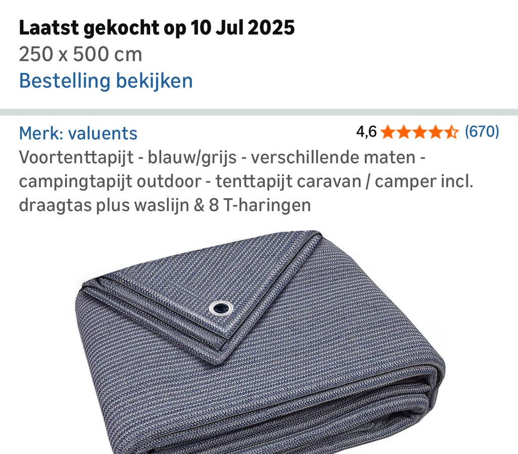 Valuents tenttapijt 500 x 250 slecht 1x gebruikt, Caravans en Kamperen, Ophalen of Verzenden, Zo goed als nieuw