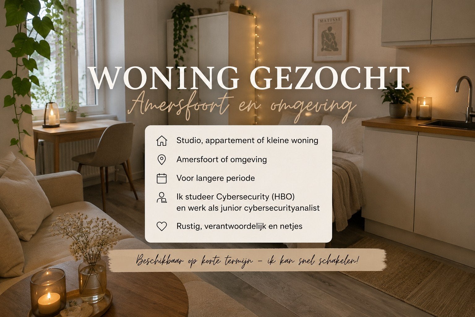 Met spoed studio/woning gezocht in Amersfoort en omgeving, Huizen en Kamers