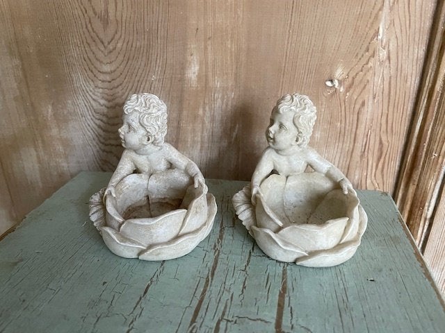 2 x brocante stenen zeepbakje kind engel bakje theelichtje., Ophalen, Zo goed als nieuw, Wit, Overige typen