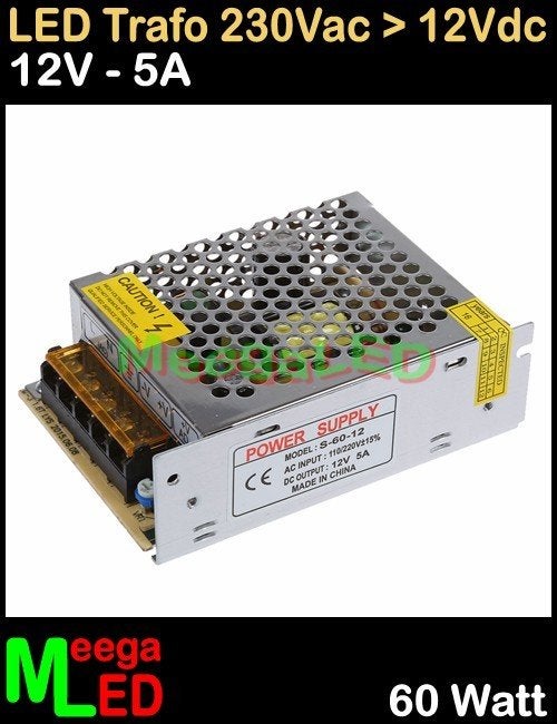 LED Trafo Voeding Adapter Driver - 230V > 12V - 5A = 60W - O, Metaal, Overige merken, Nieuw, Overige fittingen