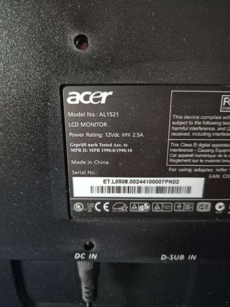 Acer AL1521 LCD Monitor - 15 inch, Computers en Software, Monitoren, Ophalen, Gebruikt, Overige resoluties, 60 Hz of minder