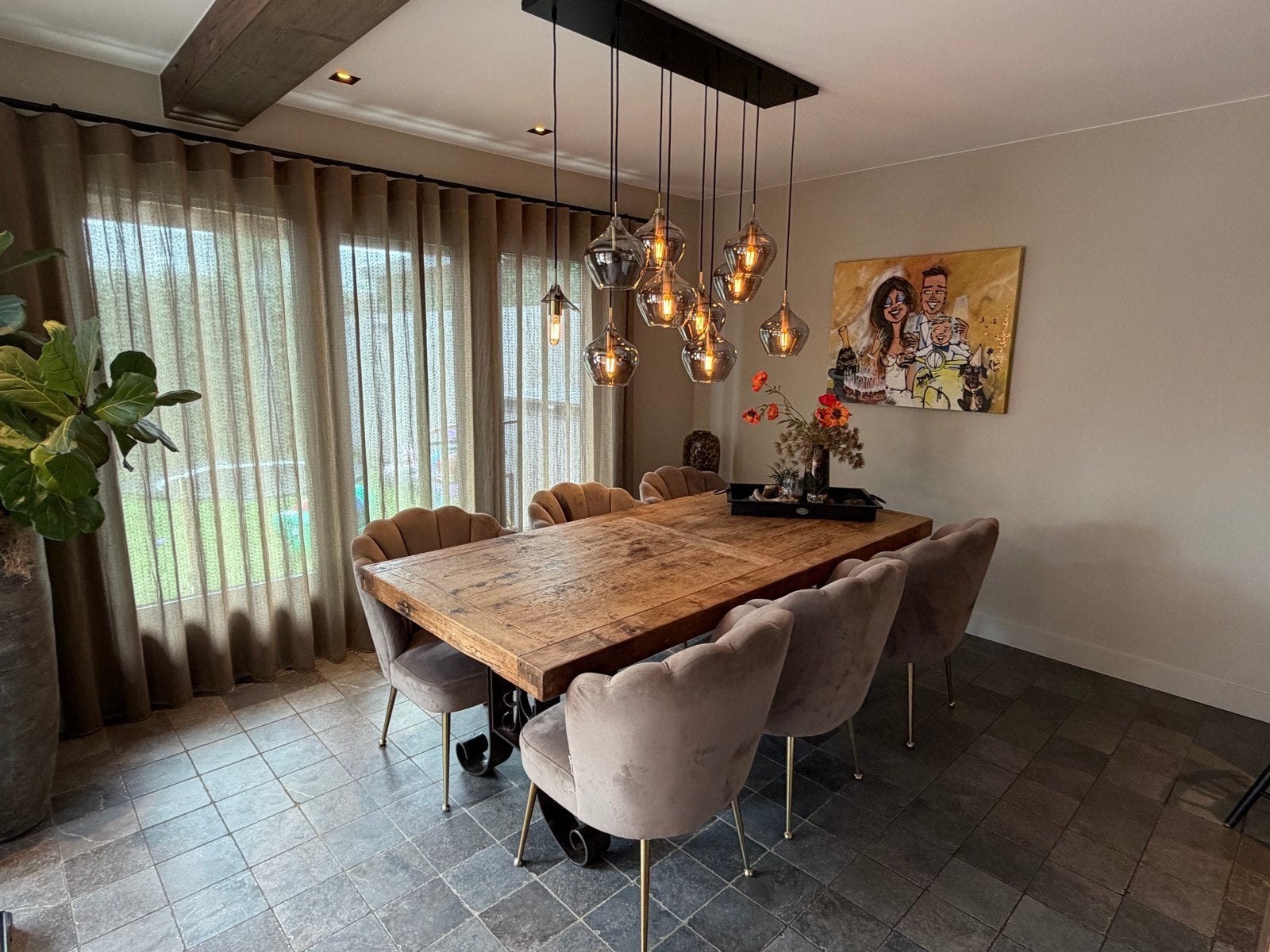 Eettafel met gietijzeren onderstel en 6 Richmond Pippa stoel, Gebruikt, 100 tot 150 cm, 200 cm of meer, Ophalen of Verzenden