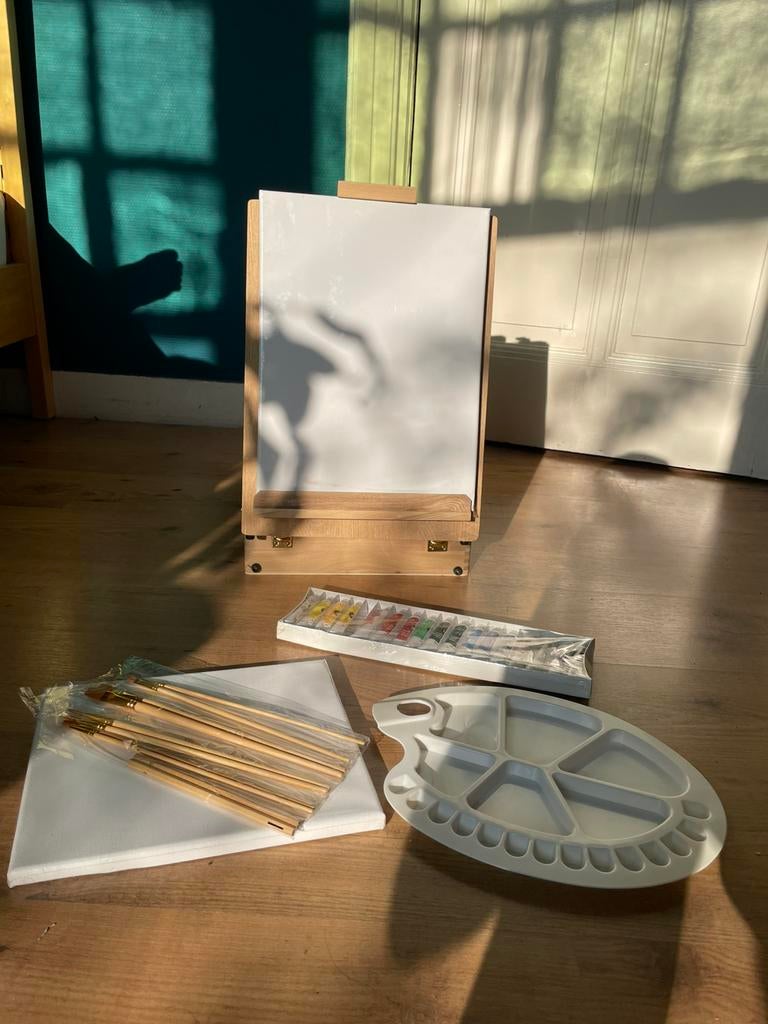 Beginner schilderkit met staander, doek en verf., Hobby en Vrije tijd, Schilderen, Ophalen of Verzenden, Zo goed als nieuw, Acrylverf