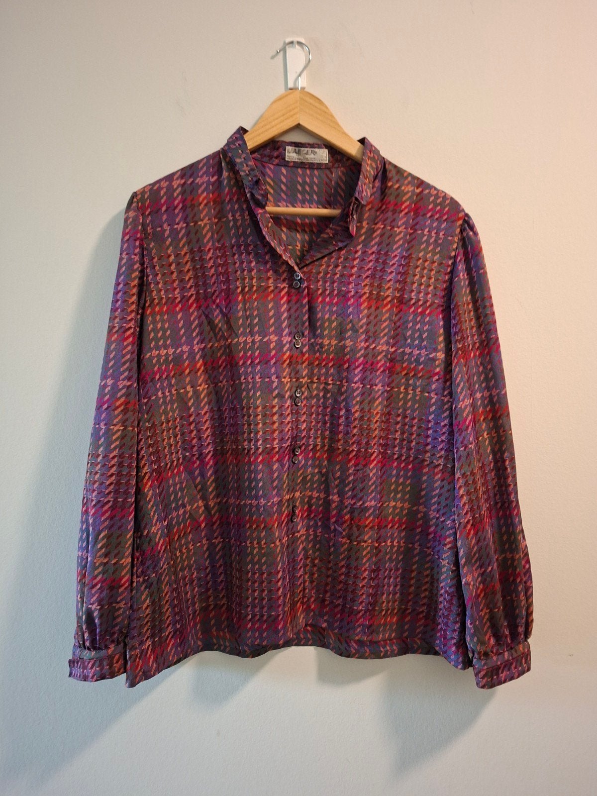 Vintage Paarse Geruite Blouse met Dubbele Knopen - Maat L, Paars, Maat 42/44 (L), Jaeger, Ophalen of Verzenden