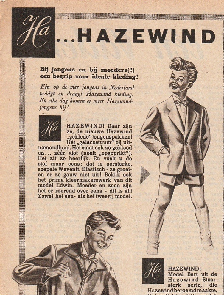 Retro reclame 1957 Hazewind jongensmode jasjes, Verzenden, Overige typen