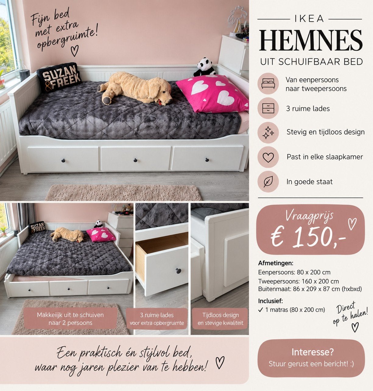 IKEA HEMNES Uitschuifbed Wit - Incl. Matras, Ophalen of Verzenden