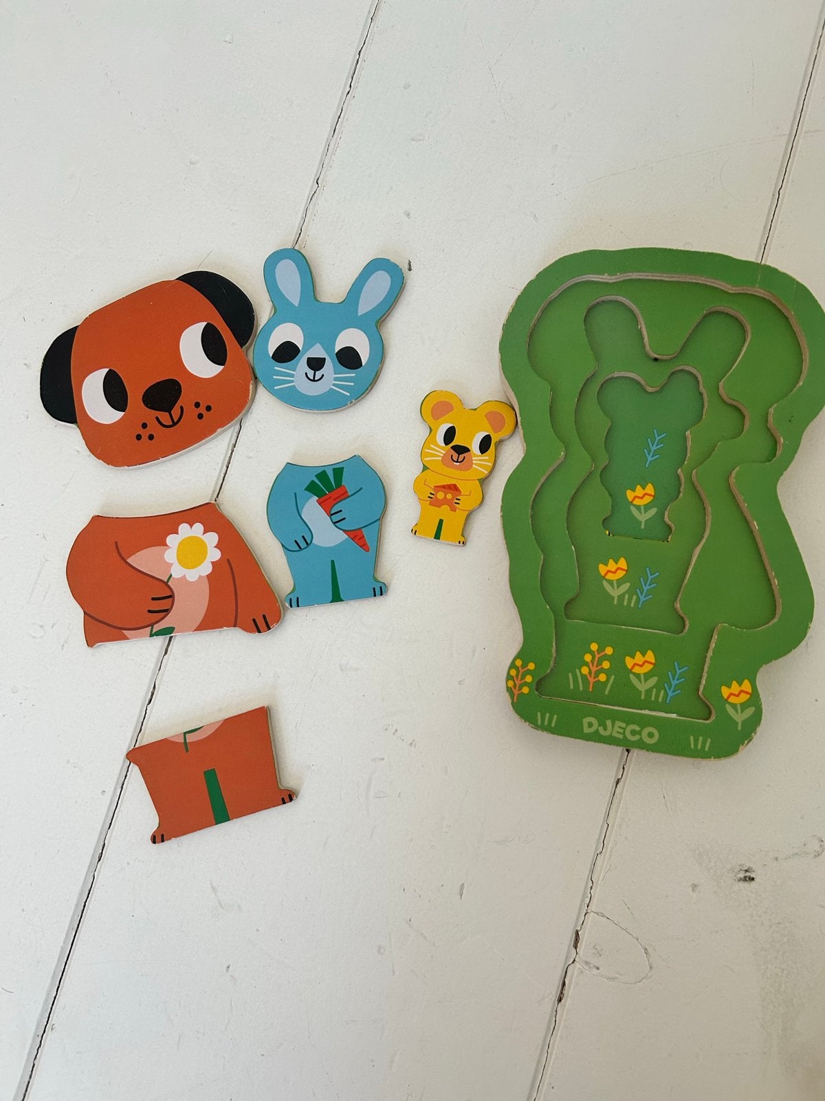 Djeco Houten Laagjespuzzel Dieren - Charly - 6 stukjes, 2 tot 4 jaar, Gebruikt, Ophalen of Verzenden, Van hout