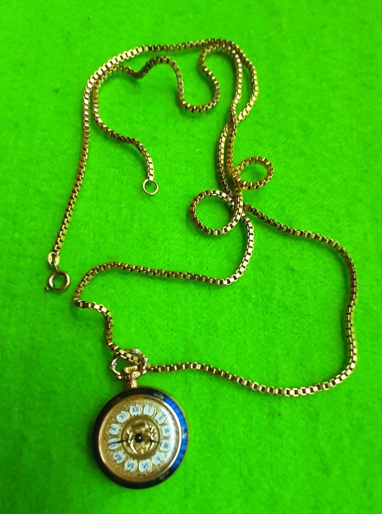 Uurwerkje met Limoges afbeelding + Ketting 14k Doublé Goud, Sieraden, Tassen en Uiterlijk, Antieke sieraden, Ophalen of Verzenden