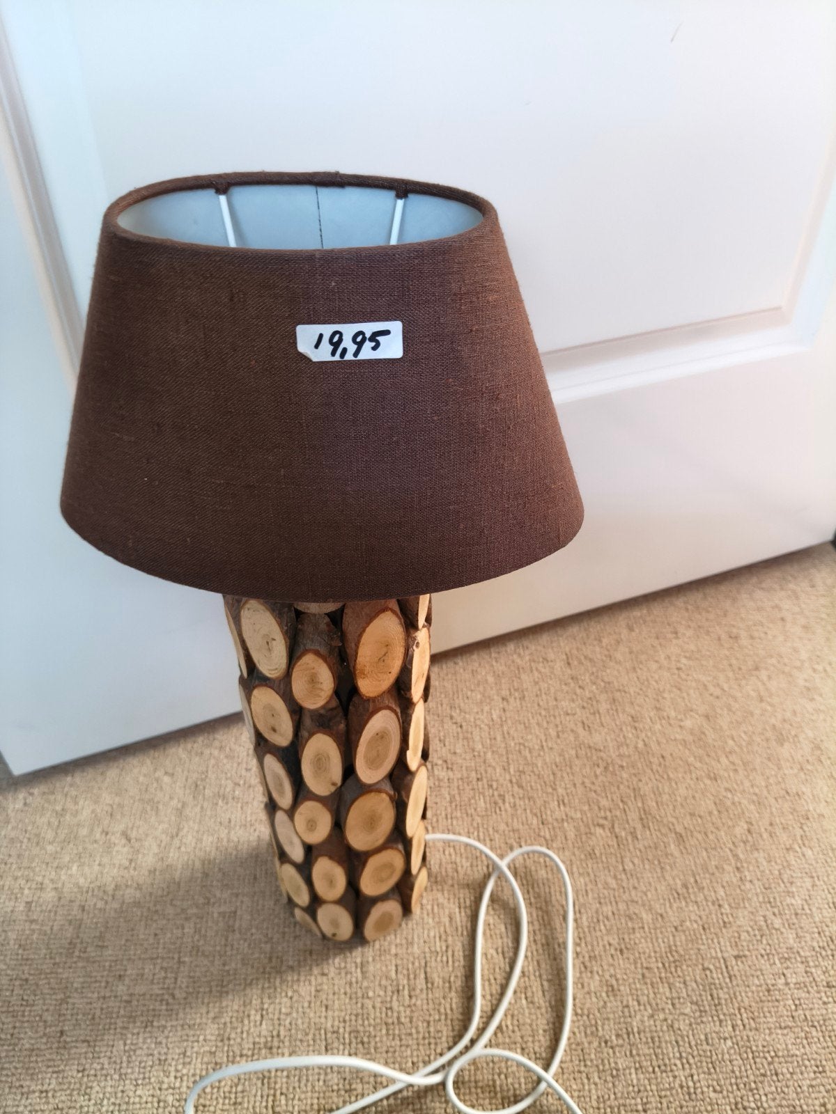 Staande lamp met houten schijfjes - Sfeervol licht, Gebruikt, Ophalen of Verzenden, Rustiek, Sfeervol, Handgemaakt, Minder dan 100 cm