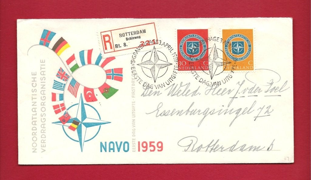 1959 NAVO FDC E37 bovenzijde open e3, Postzegels en Munten, Verzenden, Beschreven, Nederland