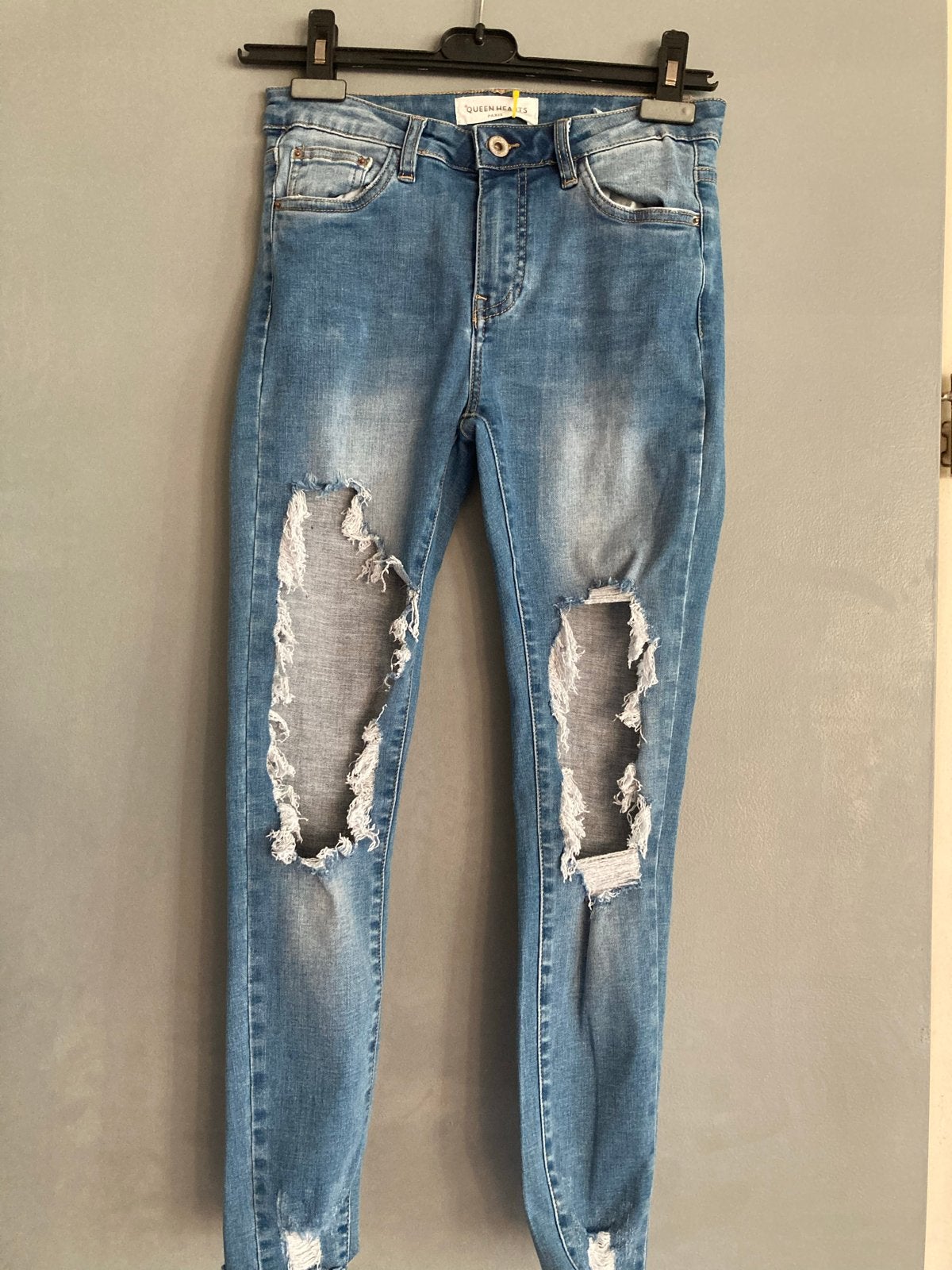 Stoere Skinny Stretch Jeans Queen Hearts Paris Maat 36, Ophalen of Verzenden, Zo goed als nieuw, Blauw, W28 - W29 (confectie 36)