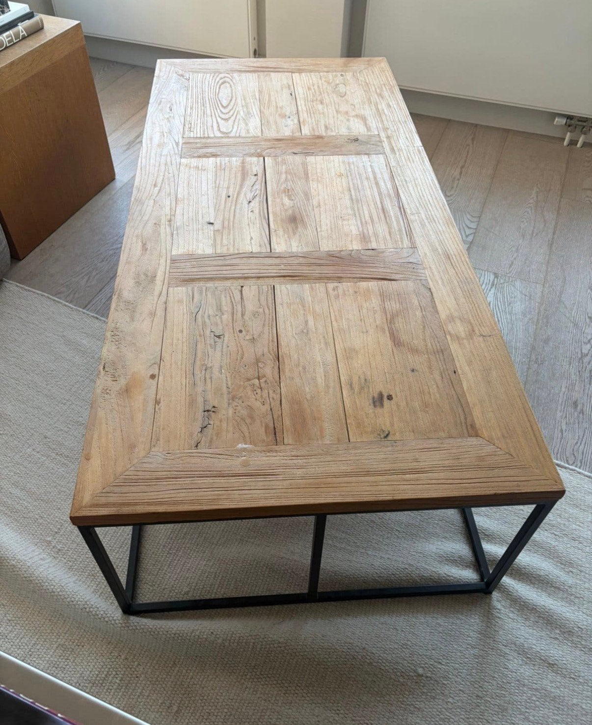 Salontafel rechthoekig hout + stalen frame, Ophalen, 100 tot 150 cm, 50 tot 100 cm, Zo goed als nieuw