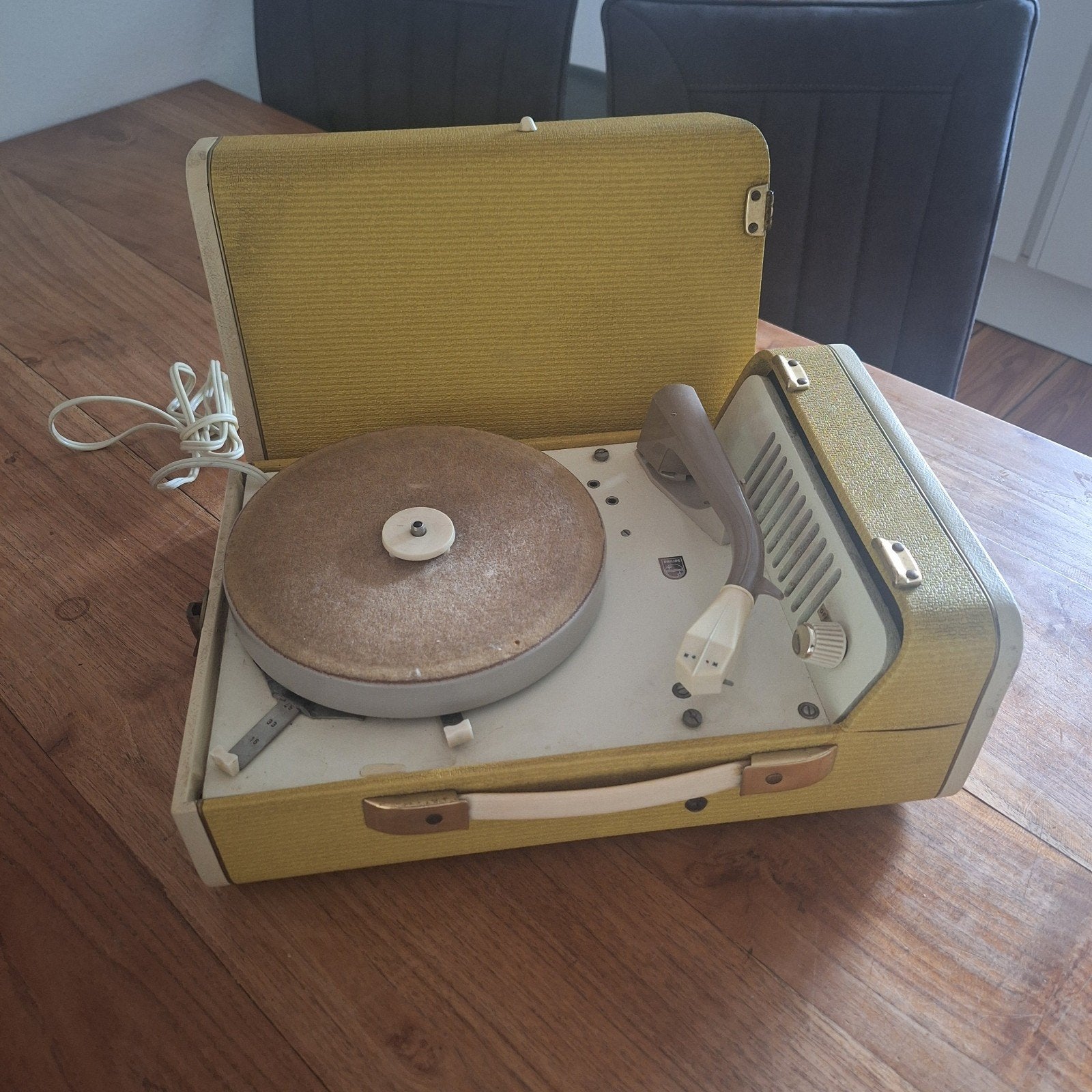 Portable Philips Platenspeler Buizenversterker geel + 78 rpm, Ophalen of Verzenden, Gebruikt, Platenspeler, Philips