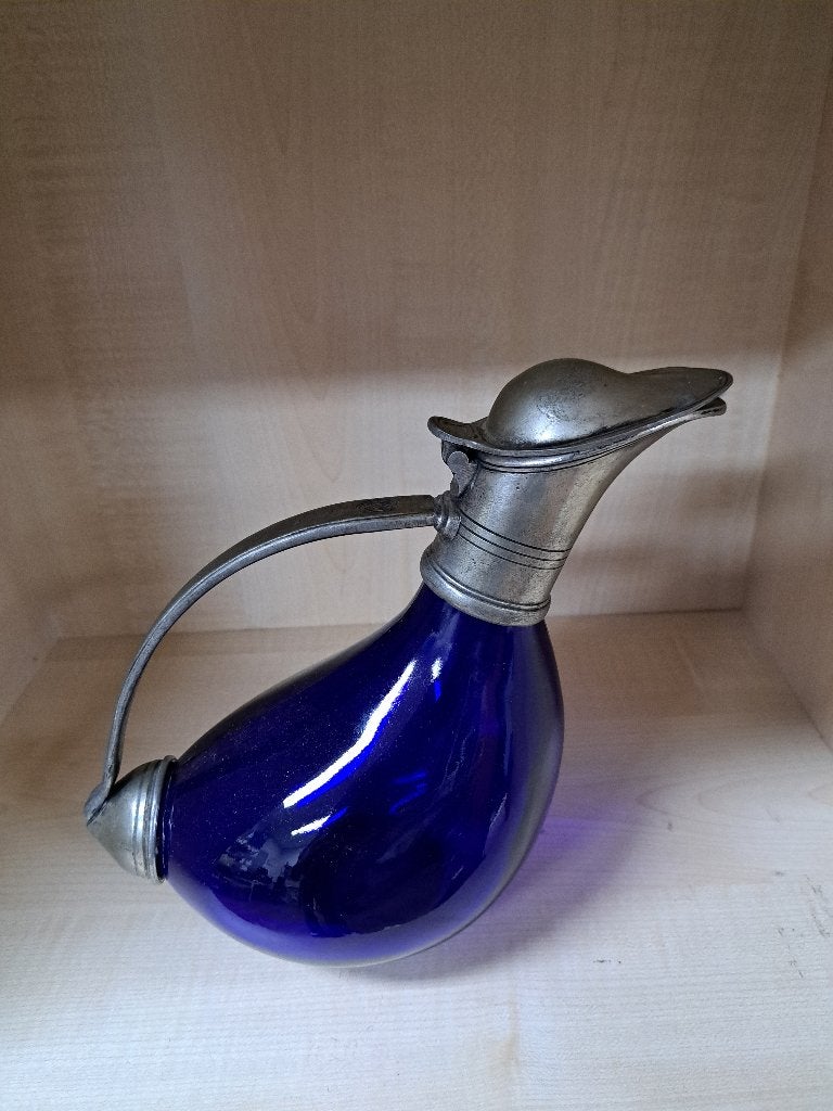 Blauw glazen kan met tin, Antiek en Kunst, Ophalen
