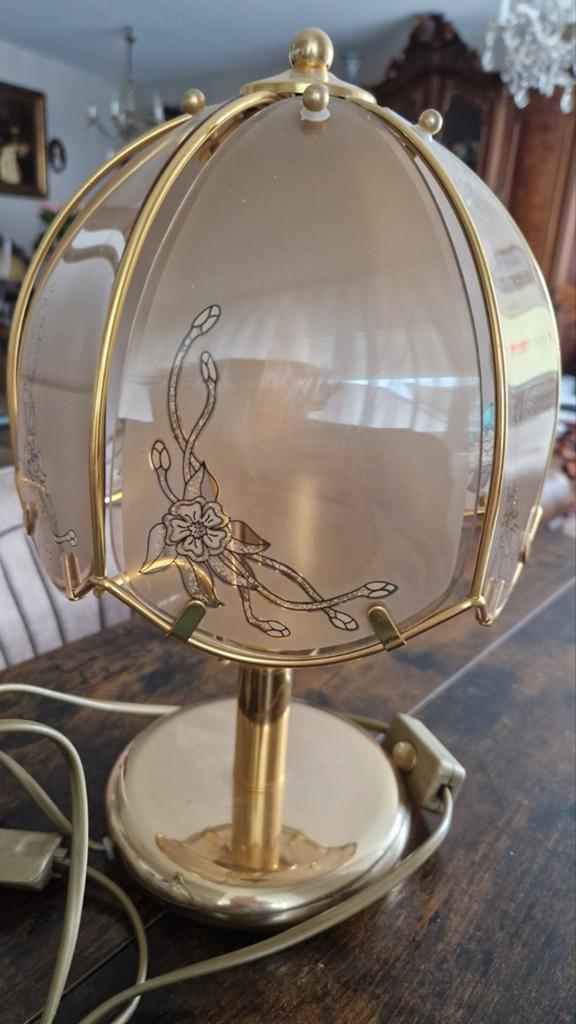 Vintage Tafellamp Goudkleurig met Bloemmotief, Ophalen of Verzenden